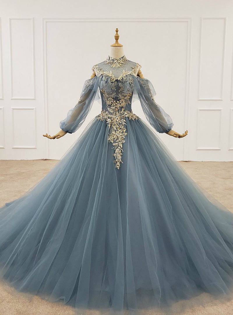 Dark Blue Ball Gown Tulle High Neck Long Sleeve Sequins Wedding Dress