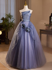 Dark Blue Tulle Strapless Pleats Flower Prom Dress