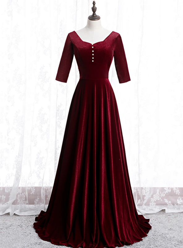 Dark Burgundy Velvet Short Sleeve Prom Dress With Pearls