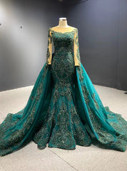 Dark Green Mermaid Long Sleeve Appliques Beading Prom Dress