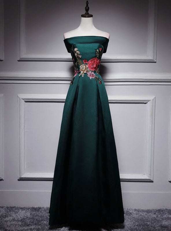 Dark Green Satin Off the Shoulder Appliques Prom Dress