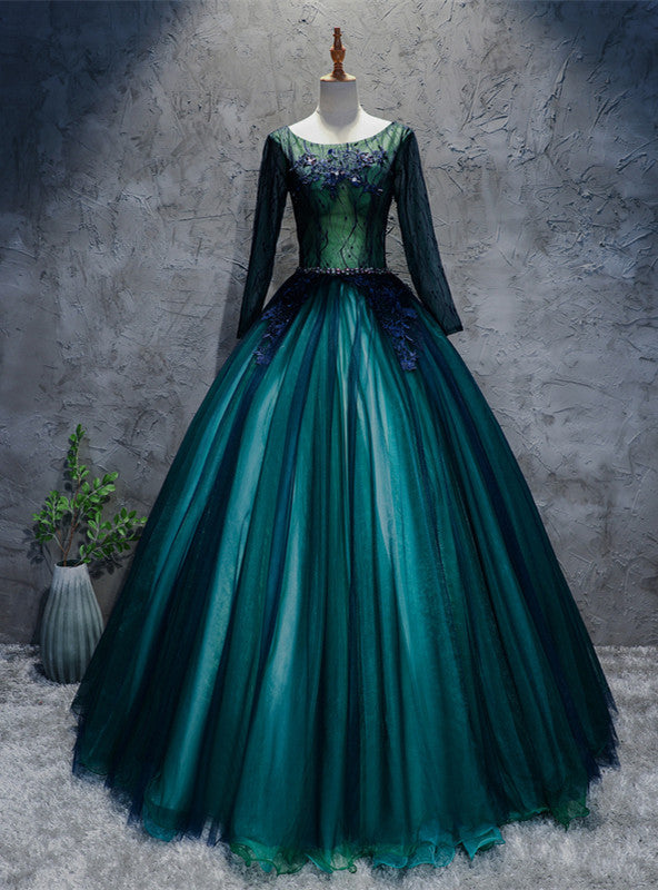 Dark Green Tulle Long Sleeve Appliques Quinceanera Dress