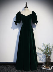 Dark Green Velvet Square Puff Sleeve Prom Dress