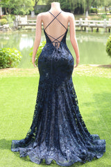 Dark Navy Blue Prom Dresses Sequins Mermaid Tulle Long Evening Dresses Spaghetti Straps