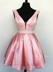 Deep V neck Pink Satin Beaded Waist Short Homecoming Dresses