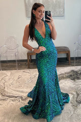 Deep V Neck Pink Sequins Mermaid Long Prom Dress