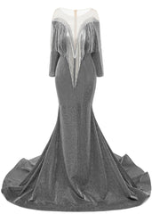 Deep V-neck Shiny Gray Prom Dresses Long sleeves Mermaid Evening Party Dresses