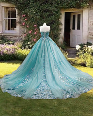 Dusty Blue Sweetheart Ball Gown Quinceanera Dress Strapless with 3D Flowers