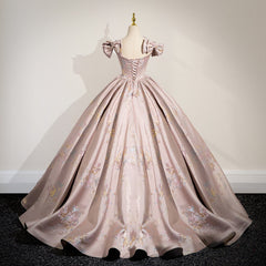 Elegant Ball Gown Pink Beaded Floral Appliques Quinceanera Dress