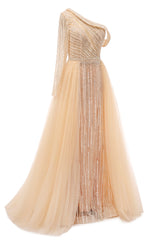 Elegant One Shoulder Beige Prom Dresses Sheer Beading Lace Formal Dresses