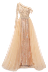 Elegant One Shoulder Beige Prom Dresses Sheer Beading Lace Formal Dresses