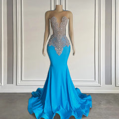 Ocean blue sleeveless mermaid prom dress with long beadings