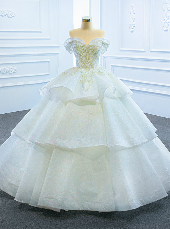 Fashion White Ball Gown Tulle Sequins Off the Shoulder Beading Wedding Dress