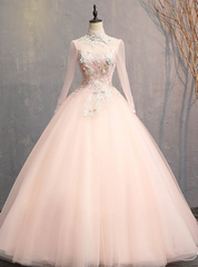 Find Your Dress For Prom! Pink Ball Gown Tulle Long Sleeve Backless Appliques Quinceanera Dress