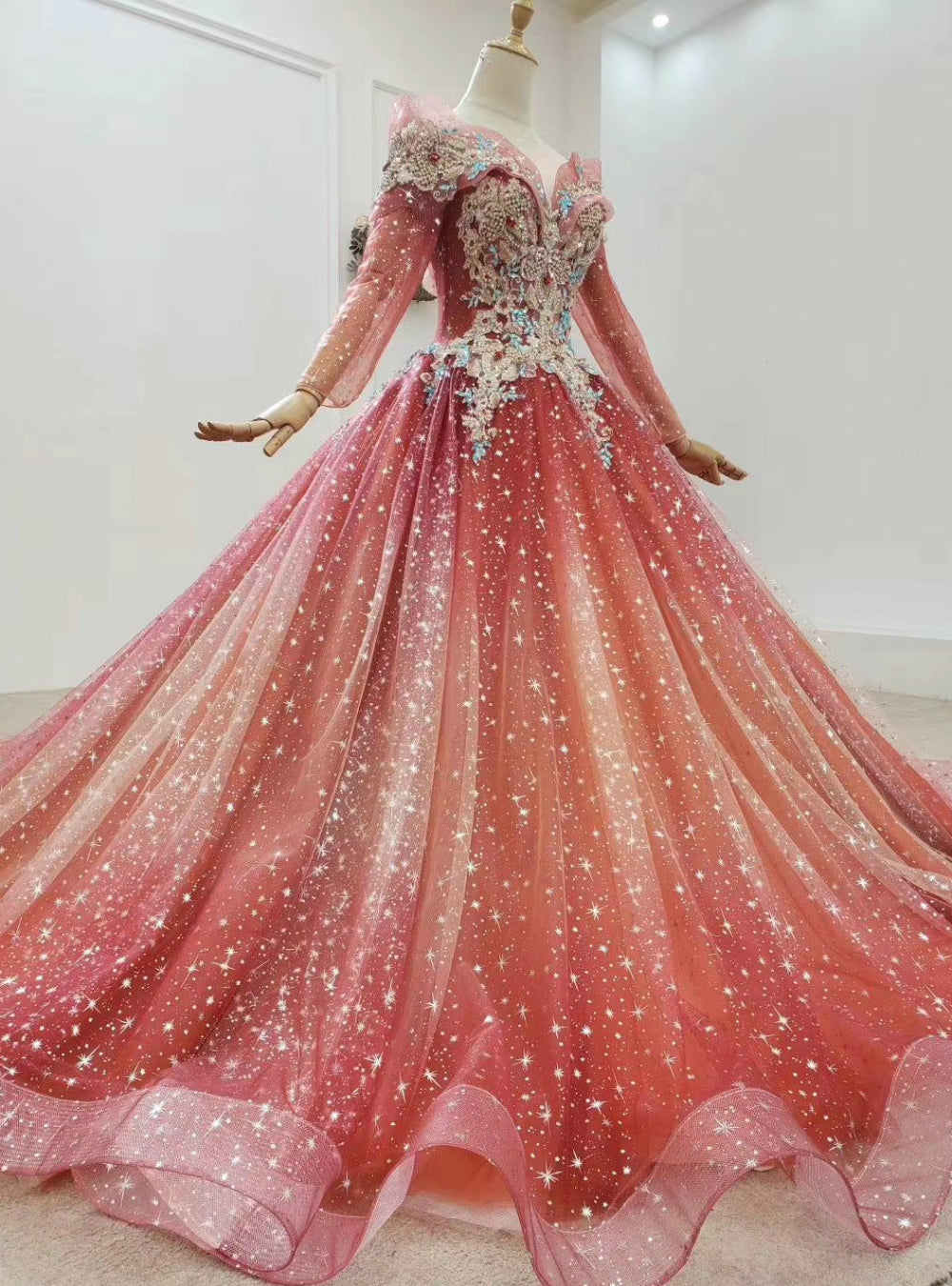 Fit Your Body Type Red Ball Gown Tulle Sequins Long Sleeve Beading Crystal Wedding Dress