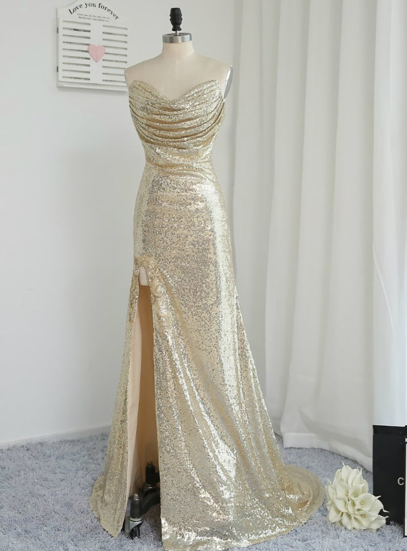 Fitted Light Gold Sexy High Split Prom Dresses Mermaid Sweetheart