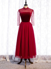 Formal Tulle Burgundy Short Sleeve High Neck Prom Dress