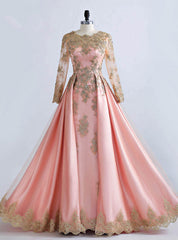 Formally Gold Lace Appliques Pink Tulle Long Sleeve Prom Dresses