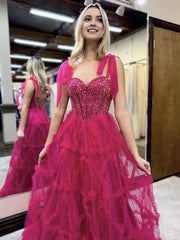 Fuchsia A Line Sweetheart Tiered Tulle Long Prom Dresses