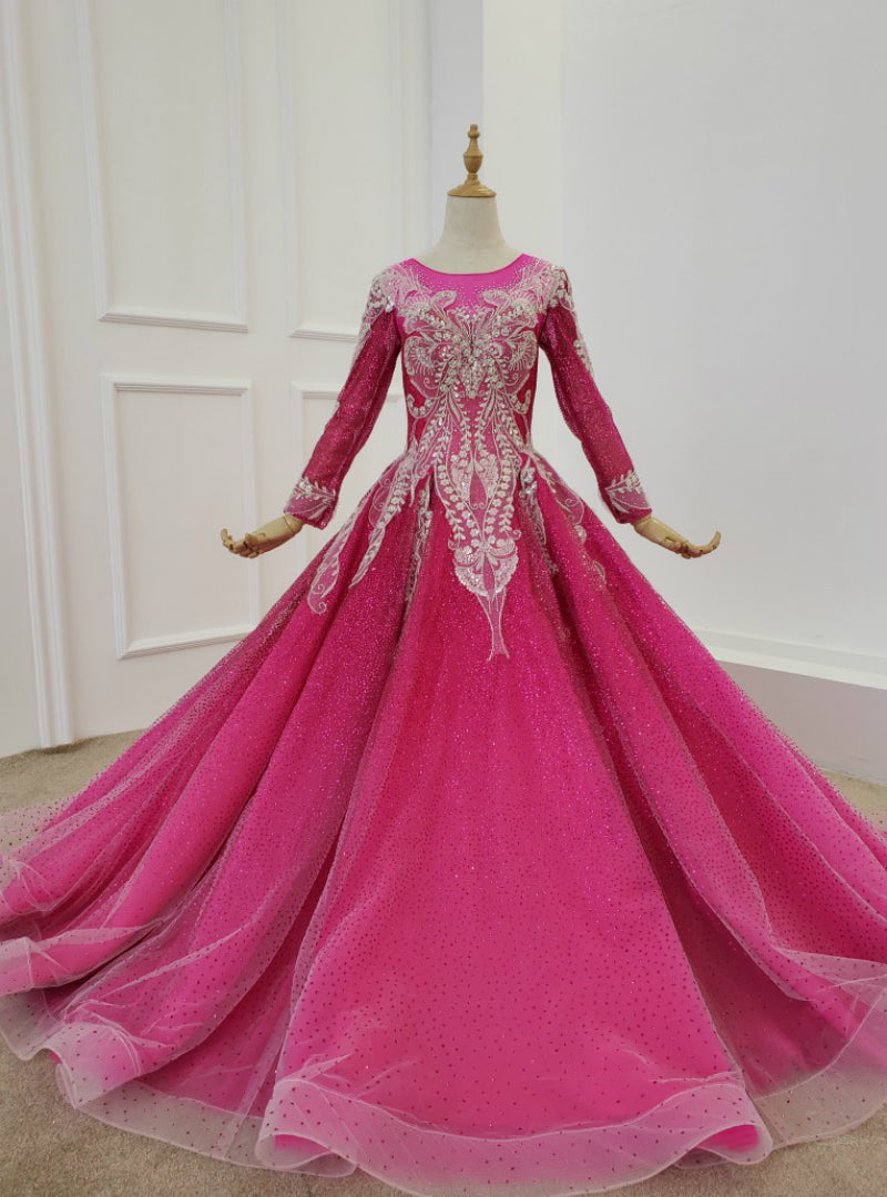 Fuchsia Ball Gown Sequins Long Sleeve Beading Wedding Dress