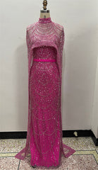 Fuchsia Beading Prom Dresses Sweep Train High Neck Zipper Sleeveless Evening Dresses