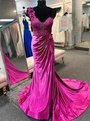 Fuchsia One Shoulder Satin Flower Prom Dress