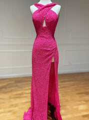 Fuchsia Sequins Backless Prom Dress