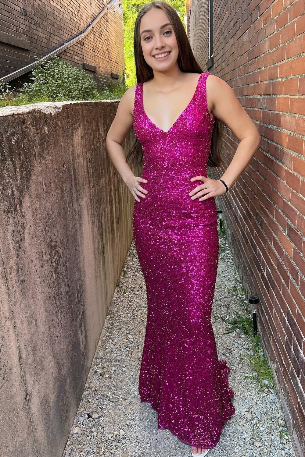 Fuchsia Sequins Backless Sheath Prom Dress