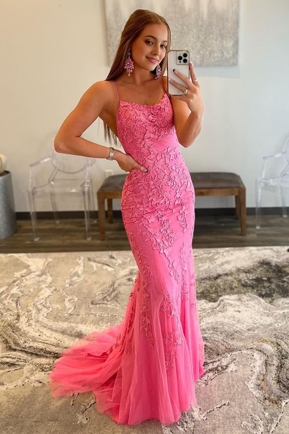 Fuchsia Spaghetti Straps Appliques Prom Dress