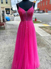 Fuchsia Tulle Spaghetti Straps Prom Dress