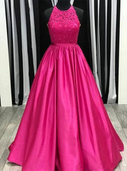 Fuscia Lace Appliques Satin Halter Prom Dress