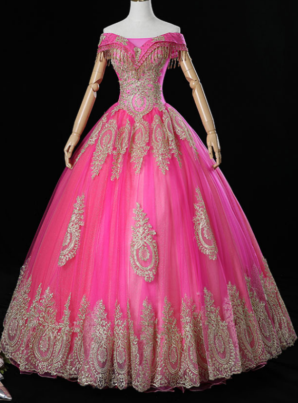 Get Your Discounts Fuchsia Ball Gown Tulle Appliques Beading Off the Shoulder Quinceanera Dress