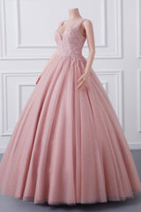 Girls Sequins V neck Dusty Rose Prom Dresses A-line Tulle Ball Gown Quinceanera Dress Sweet 16 Party Dresses