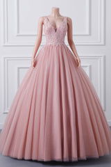 Girls Sequins V neck Dusty Rose Prom Dresses A-line Tulle Ball Gown Quinceanera Dress Sweet 16 Party Dresses