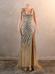 Gold Mermaid Sequins V-neck Split Prom Dress