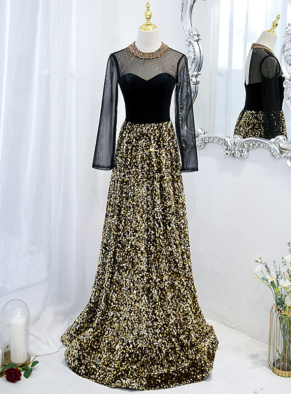 Gold Sequins Long Sleeve Backless Beading Prom Dress