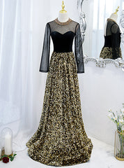 Gold Sequins Long Sleeve Backless Beading Prom Dress