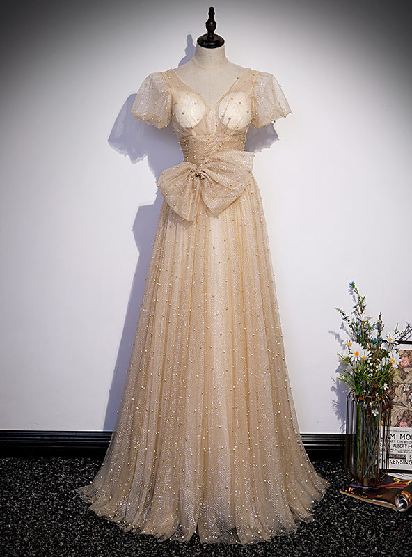 Gold Sequins Pearls V-neck Puff Sleeve Prom Dress