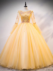 Gold Tulle Long Sleeve Beading Appliques Quinceanera Dress