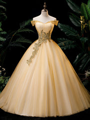 Gold Tulle Off The Shoulder Sequins Beading Quinceanera Dress