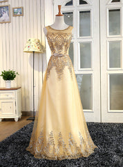 Gold Tulle Sequins Appliques Bridesmaid Dress