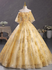 Gold Tulle Sequins Appliques Feather Quinceanera Dress