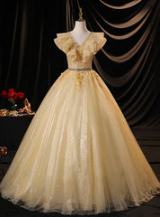 Gold Tulle Sequins Appliques V-neck Quinceanera Dress