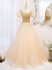 Gold Tulle Sequins Beading Puff Sleeve Prom Dress