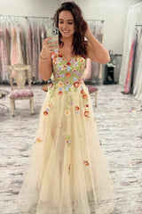 Gorgeous V-Neck Floral Long Formal Dress with Embroidery