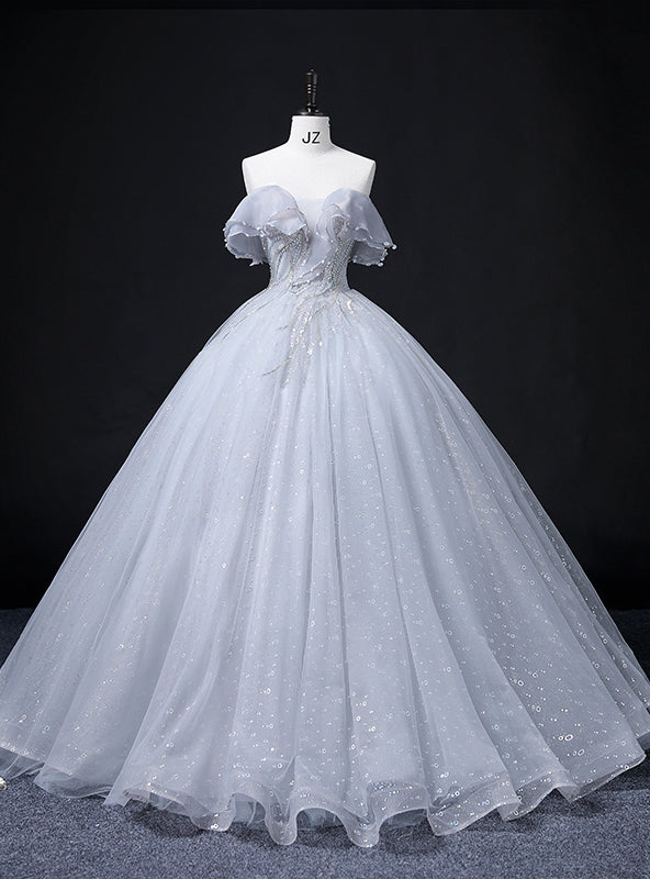 Gray Blue Tulle Sequins Off the Shoulder Beading Quinceanera Dress