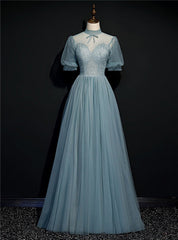 Gray Blue Tulle Short Sleeve High Neck Beading prom Dress