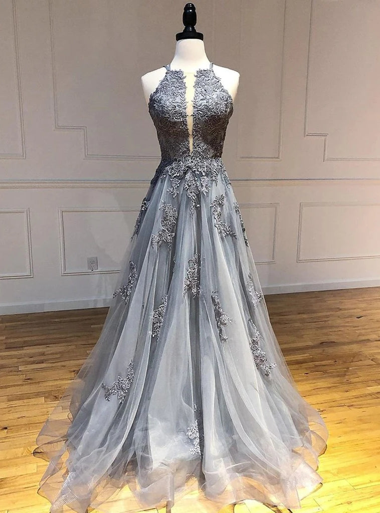 Gray Tulle Appliques Halter Backless Prom Dress