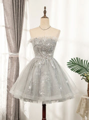 Gray Tulle Sequins Feather Homecoming Dress