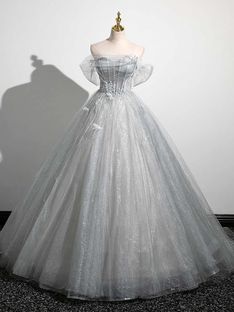 Gray Tulle Sequins Off the Shoulder Appliques Quinceanera Dress